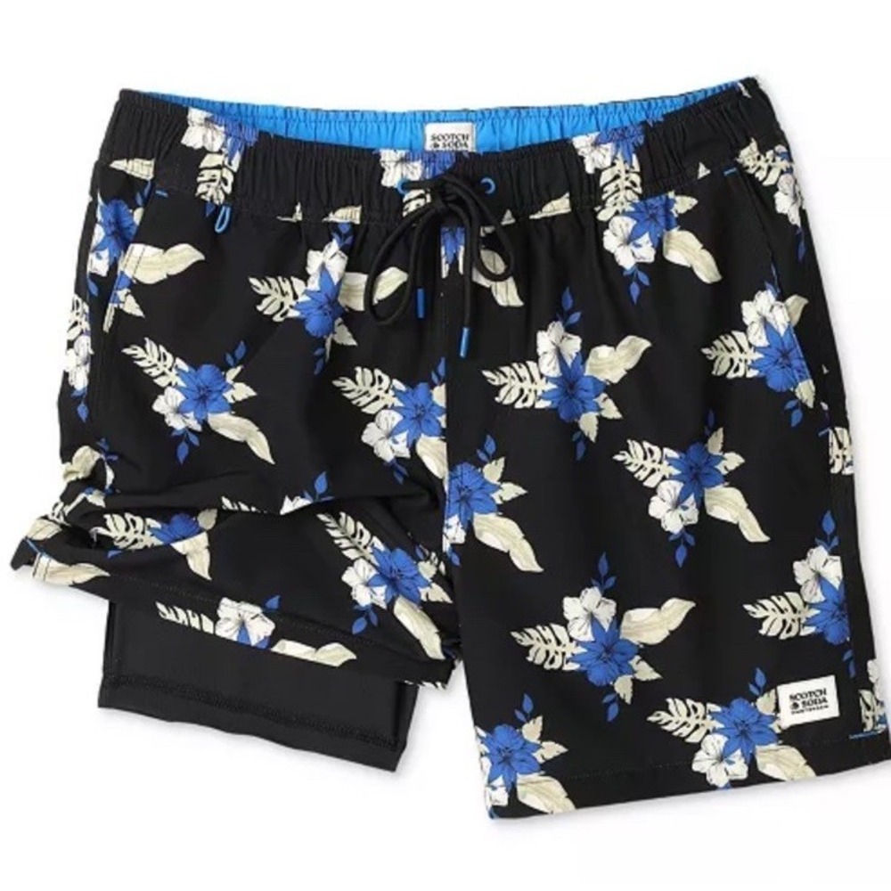 Scotch & Soda Mens M Swim Trunks Midnight Garden Volley Shorts Floral Blue Black